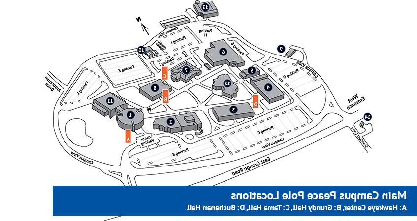 Main Campus Peace Pole locations: Hawkeye Center, Grundy Hall, Tama Hall, and Buchanan Hall.